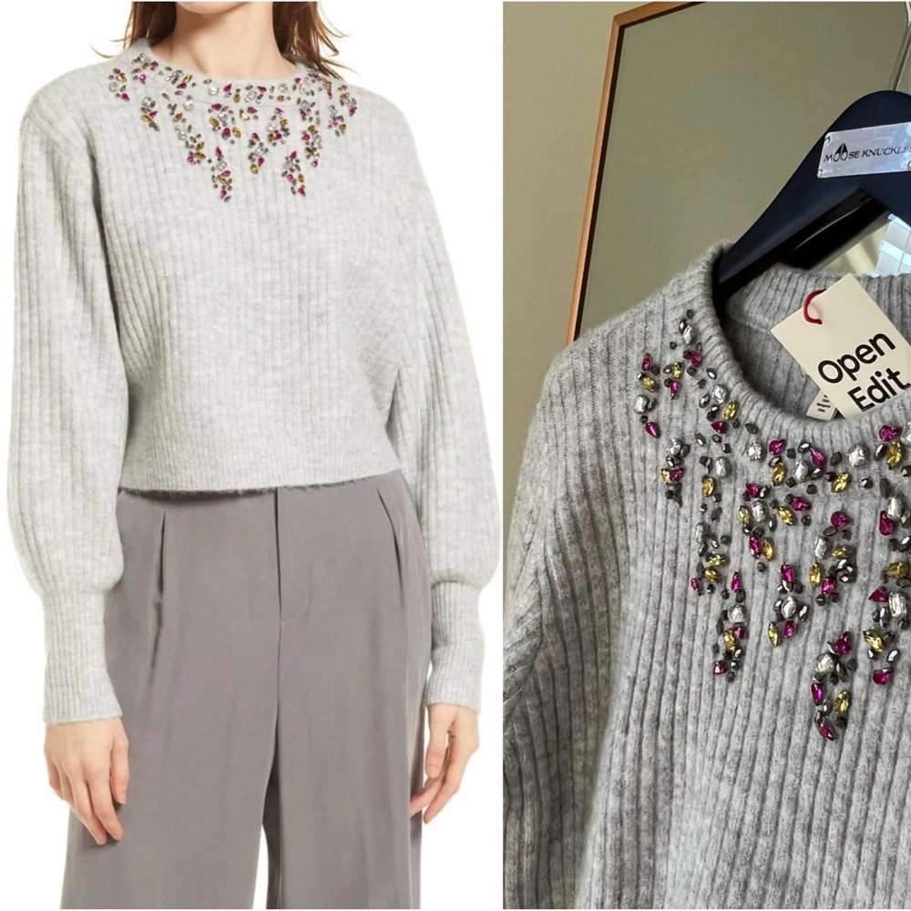 NWT🔖Open Edit Grey Crop Sweater Embellished Pink Rhinestone Crewneck Jewel